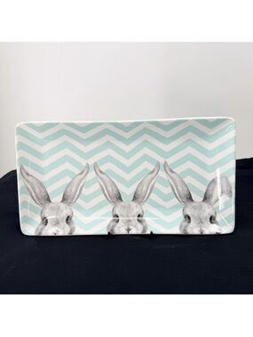 Pier 1 Spring Easter Bunny Chevron Stripe Serving Tray Platter 12" × 6.5" NEW